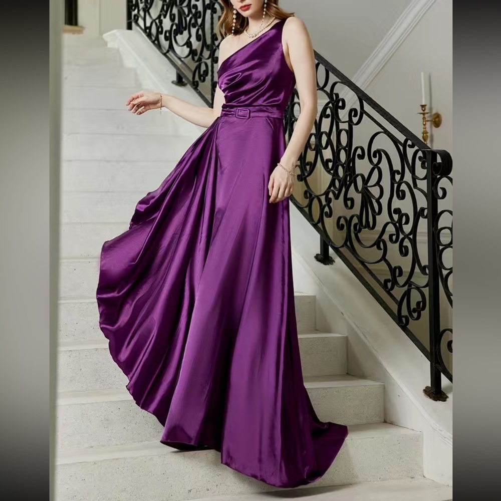 Luxe one shoulder slit thigh party formal prom wedding satin gown dress